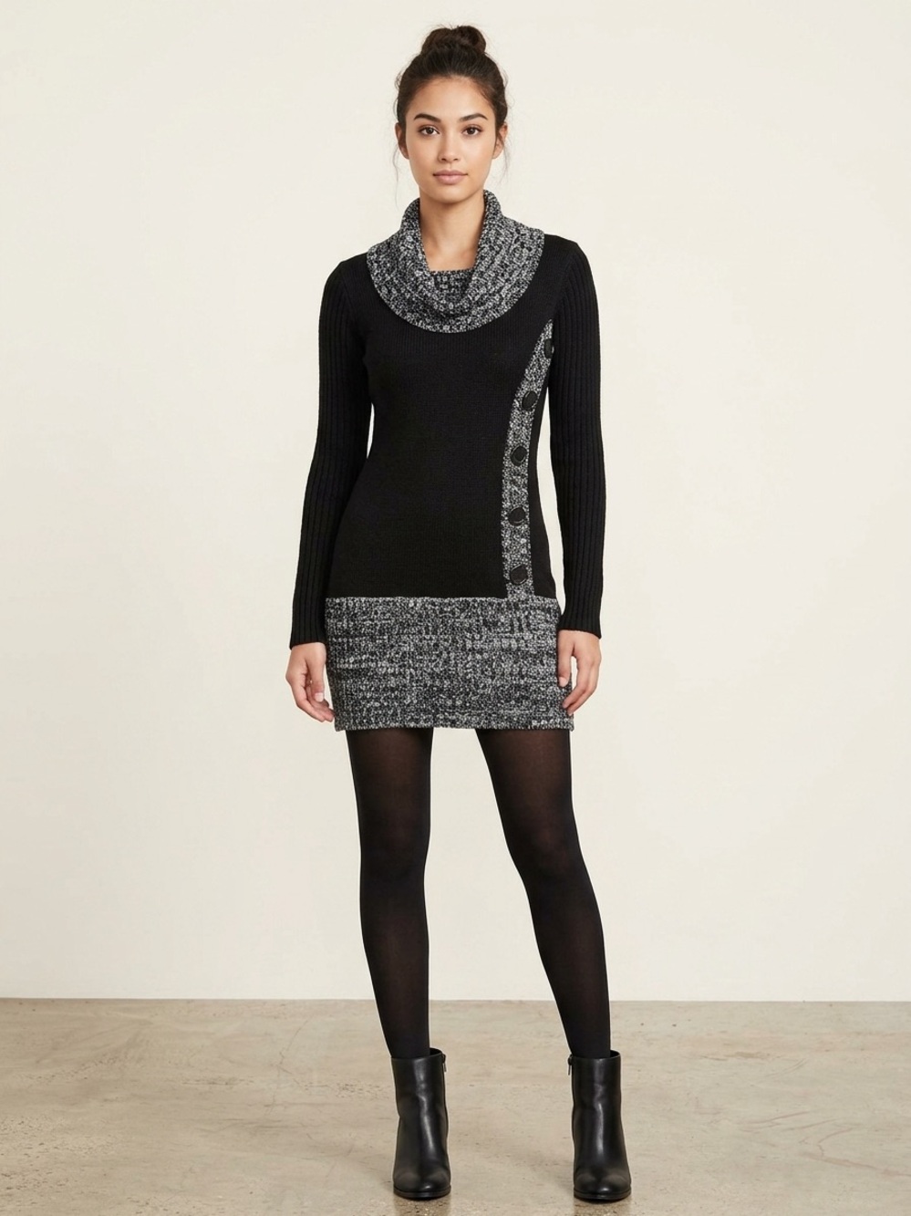 Cozy Two-Tone Cowl Sweater Dress